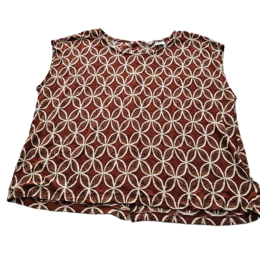 Sigrid Olsen 100% Linen M Sleeveless Top Blouse Button Detail Orange Geometric